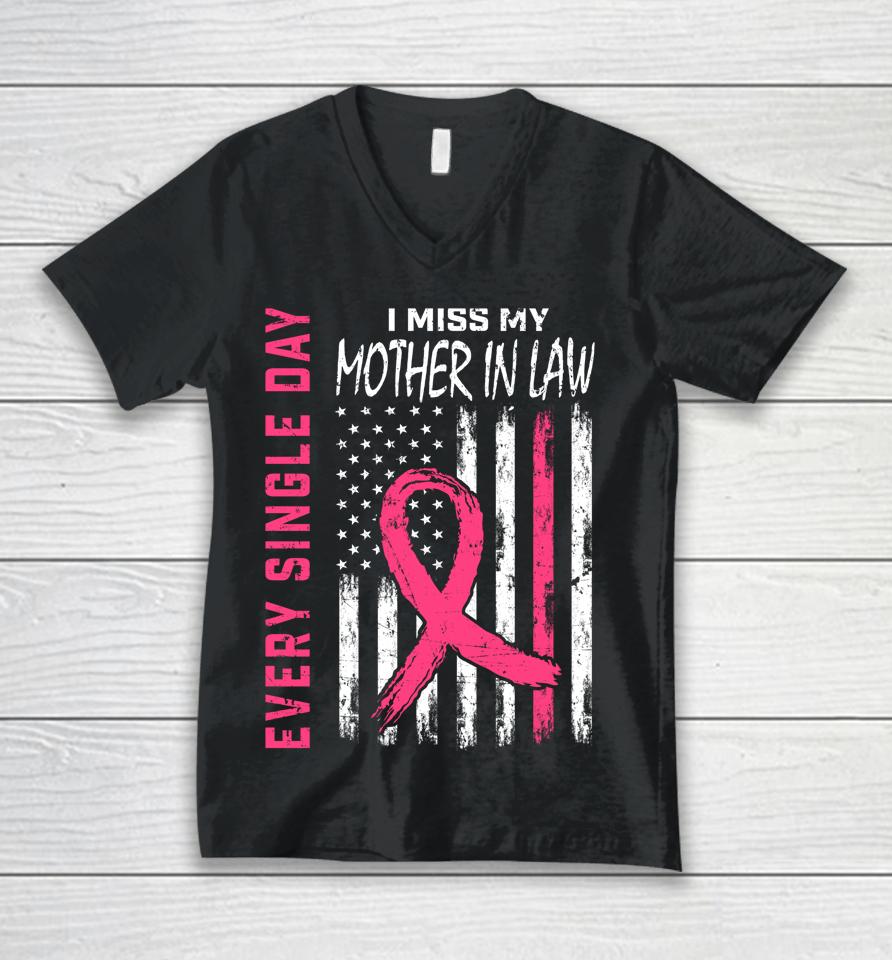 Pink In Memory Of Mother In Law Breast Cancer Awareness Flag Unisex V-Neck T-Shirt