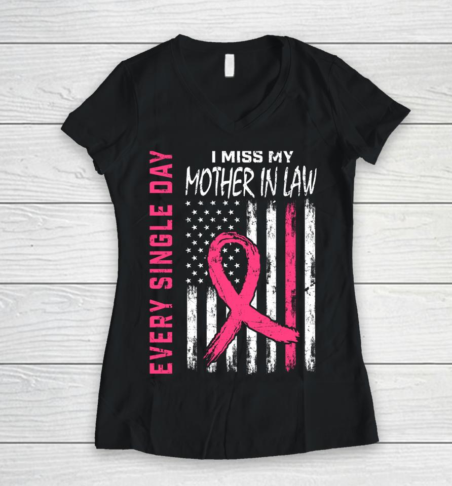 Pink In Memory Of Mother In Law Breast Cancer Awareness Flag Women V-Neck T-Shirt
