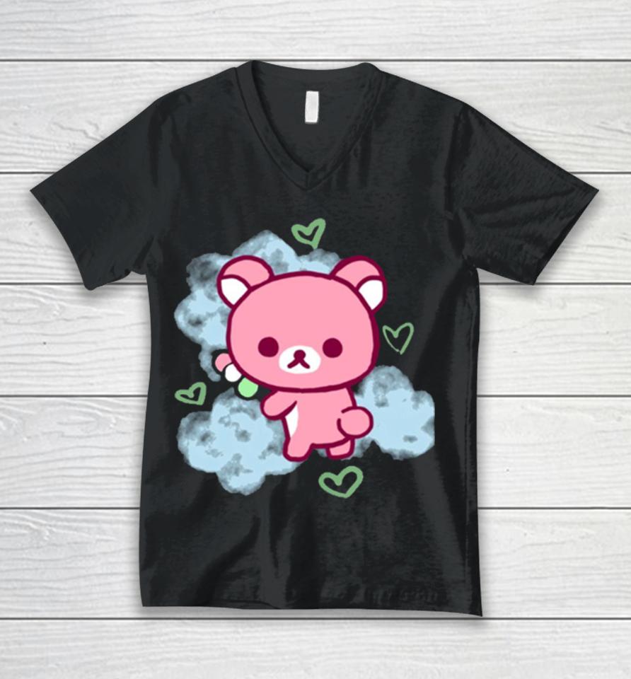 Pink Korilakkuma With Blue Clouds Unisex V-Neck T-Shirt