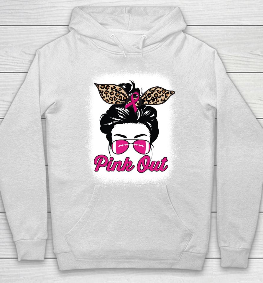 Pink Out Breast Cancer Awareness Football Bleached Messy Bun Hoodie