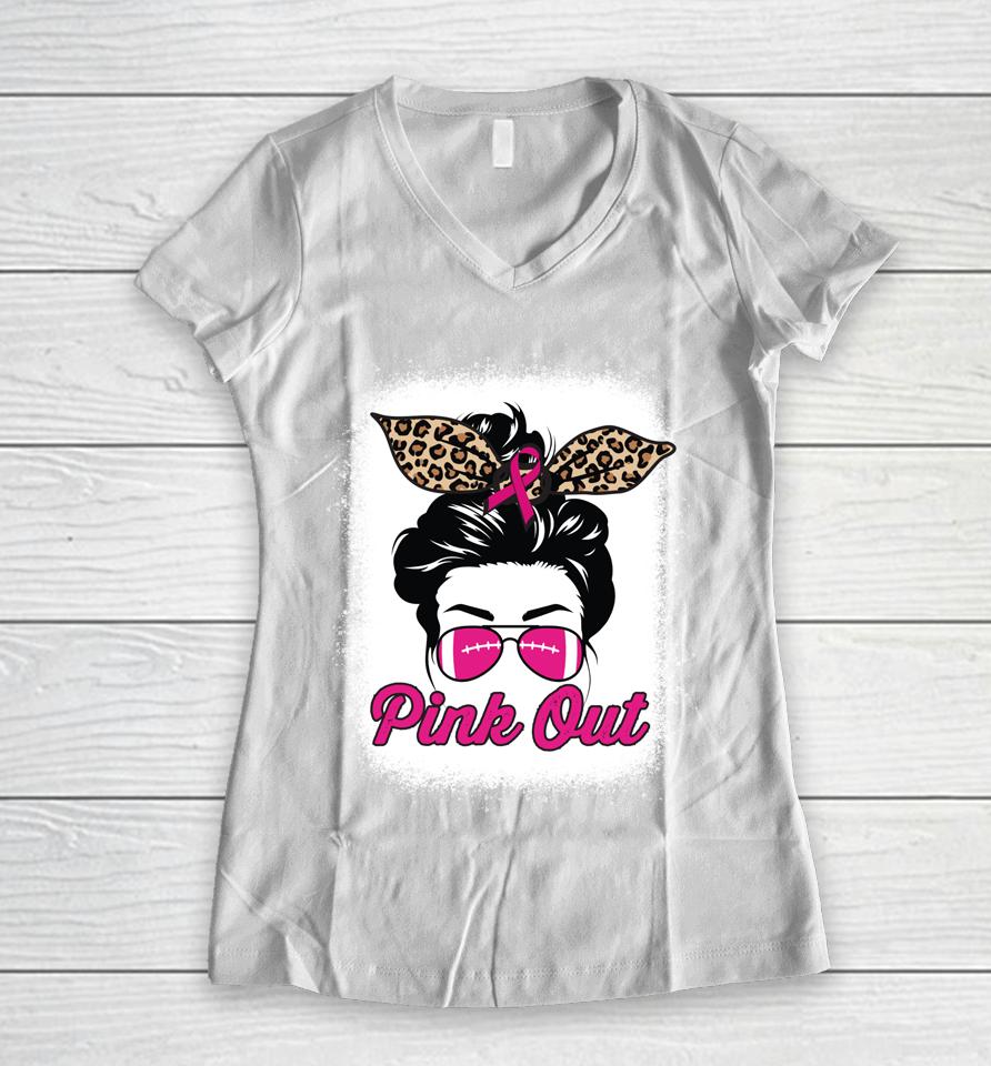 Pink Out Breast Cancer Awareness Football Bleached Messy Bun Women V-Neck T-Shirt