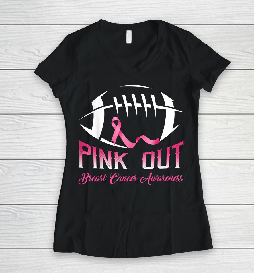 Pink Out Breast Cancer Awareness Football Women V-Neck T-Shirt