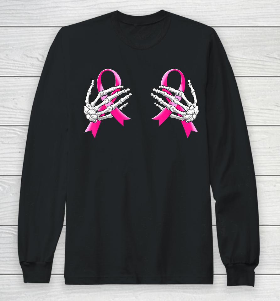 Pink Ribbon Breast Cancer Awareness Hand Skeleton Long Sleeve T-Shirt