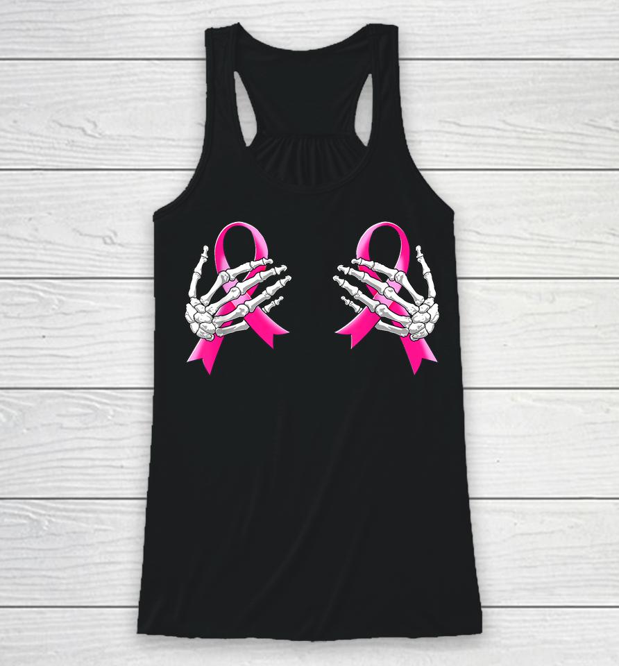 Pink Ribbon Breast Cancer Awareness Hand Skeleton Racerback Tank