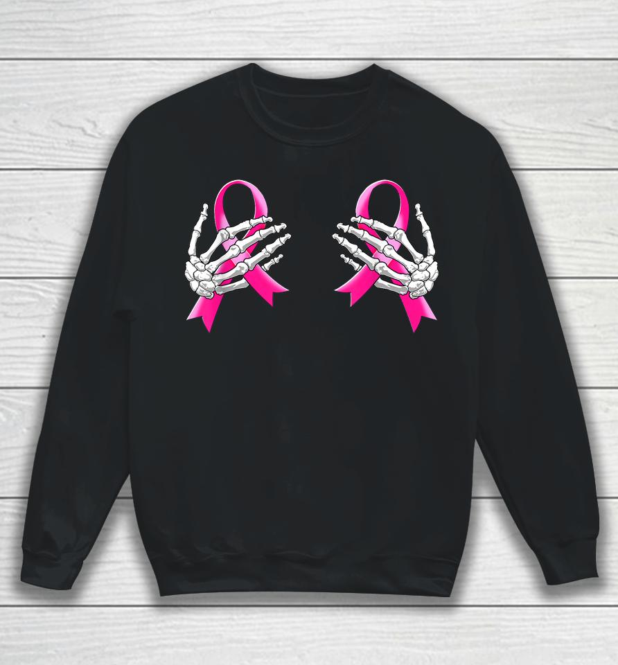 Pink Ribbon Breast Cancer Awareness Hand Skeleton Sweatshirt