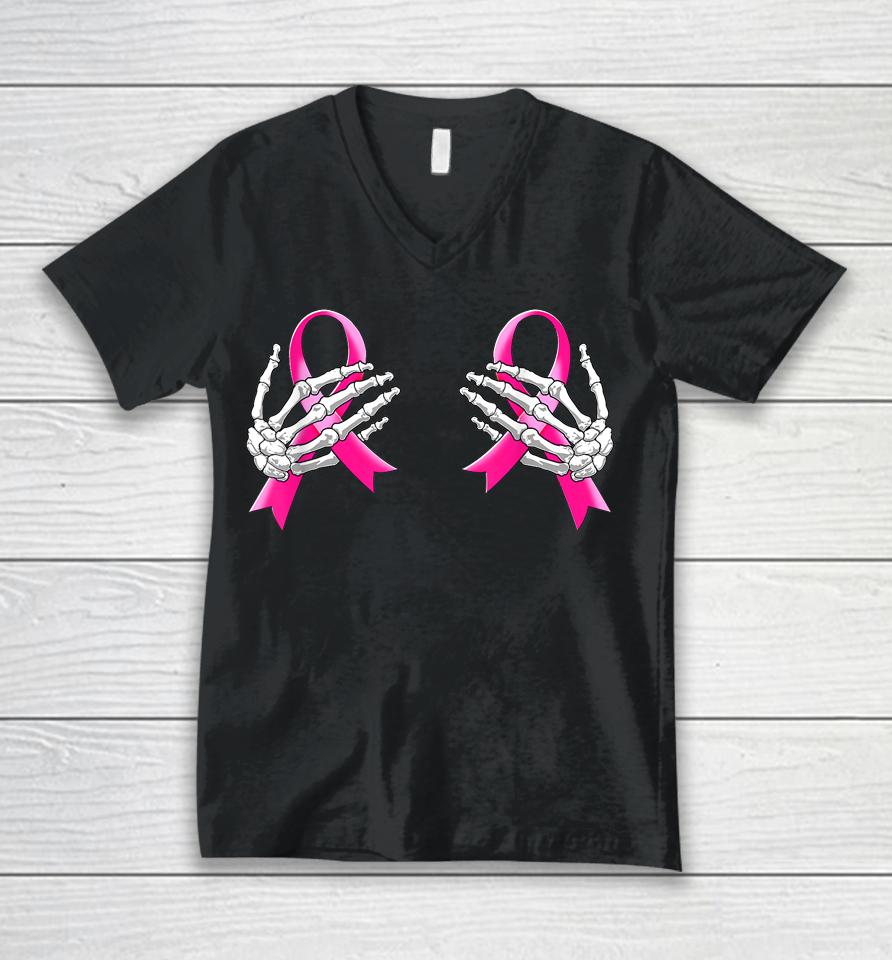 Pink Ribbon Breast Cancer Awareness Hand Skeleton Unisex V-Neck T-Shirt