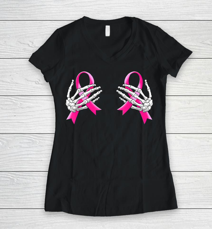Pink Ribbon Breast Cancer Awareness Hand Skeleton Women V-Neck T-Shirt