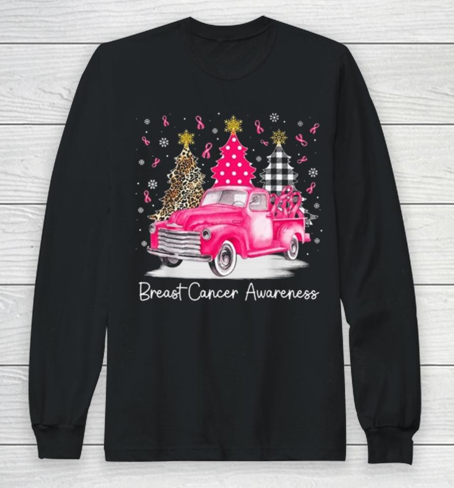 Pink Ribbon Christmas Vintage Truck Breast Cancer Awareness 2023 Long Sleeve T-Shirt