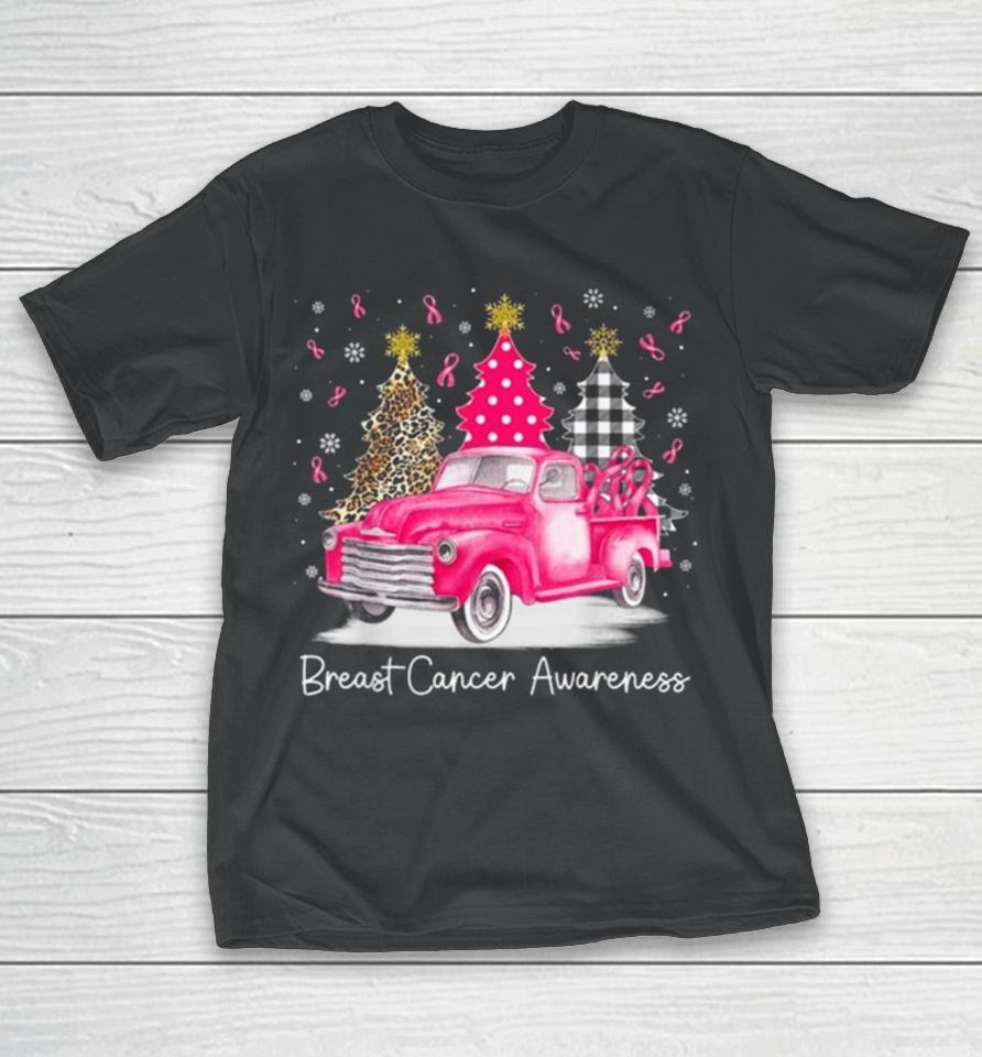 Pink Ribbon Christmas Vintage Truck Breast Cancer Awareness 2023 T-Shirt