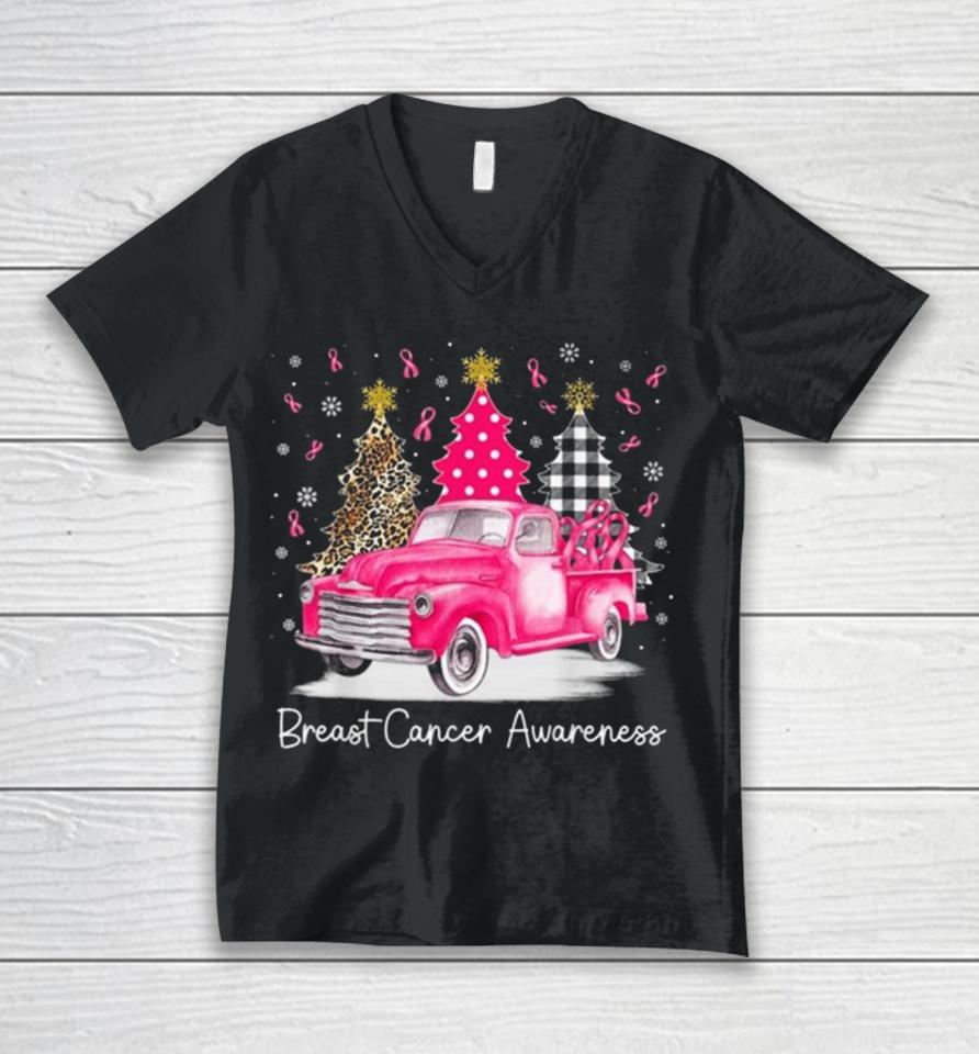 Pink Ribbon Christmas Vintage Truck Breast Cancer Awareness 2023 Unisex V-Neck T-Shirt