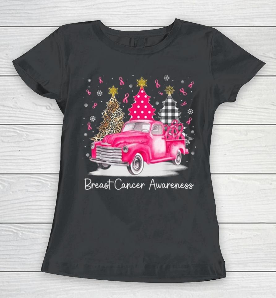 Pink Ribbon Christmas Vintage Truck Breast Cancer Awareness 2023 Women T-Shirt