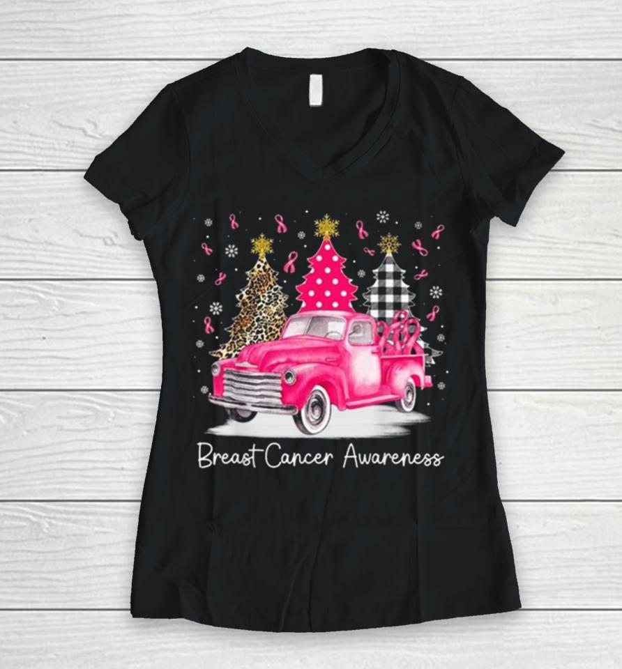 Pink Ribbon Christmas Vintage Truck Breast Cancer Awareness 2023 Women V-Neck T-Shirt
