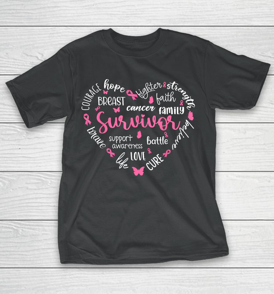 Pink Ribbon Heart Breast Cancer Awareness Survivor Warrior T-Shirt