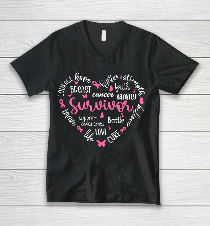 Pink Ribbon Heart Breast Cancer Awareness Survivor Warrior Unisex V-Neck T-Shirt