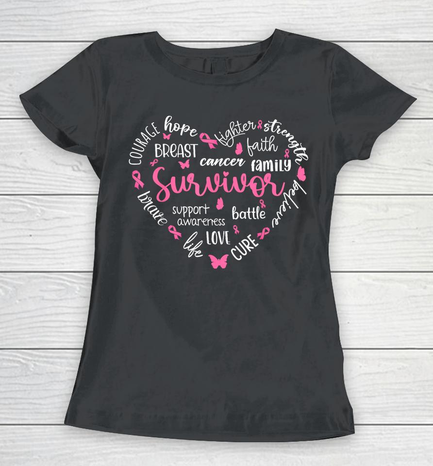 Pink Ribbon Heart Breast Cancer Awareness Survivor Warrior Women T-Shirt