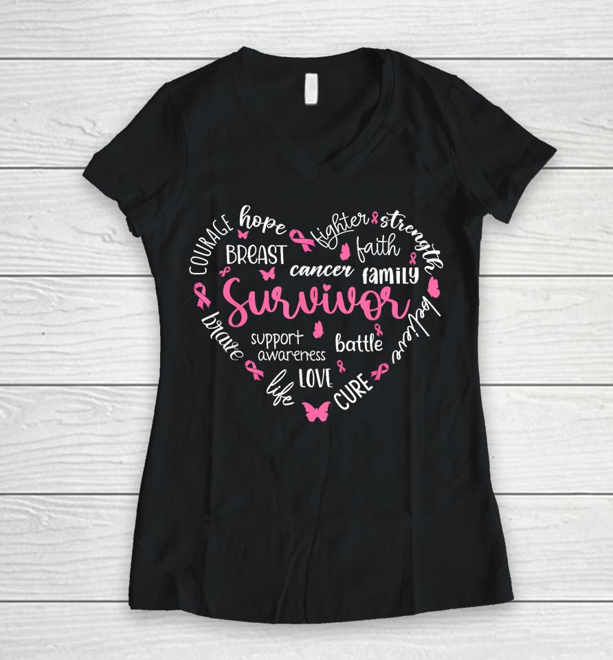 Pink Ribbon Heart Breast Cancer Awareness Survivor Warrior Women V-Neck T-Shirt