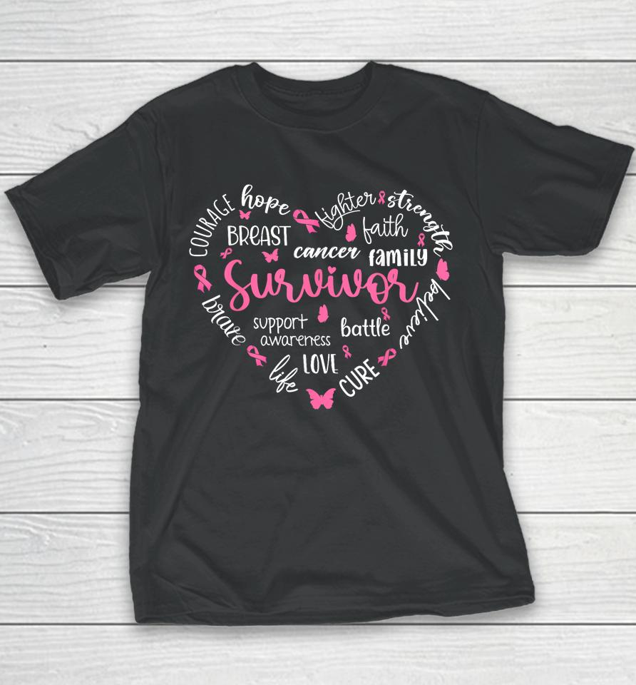 Pink Ribbon Heart Breast Cancer Awareness Survivor Warrior Youth T-Shirt
