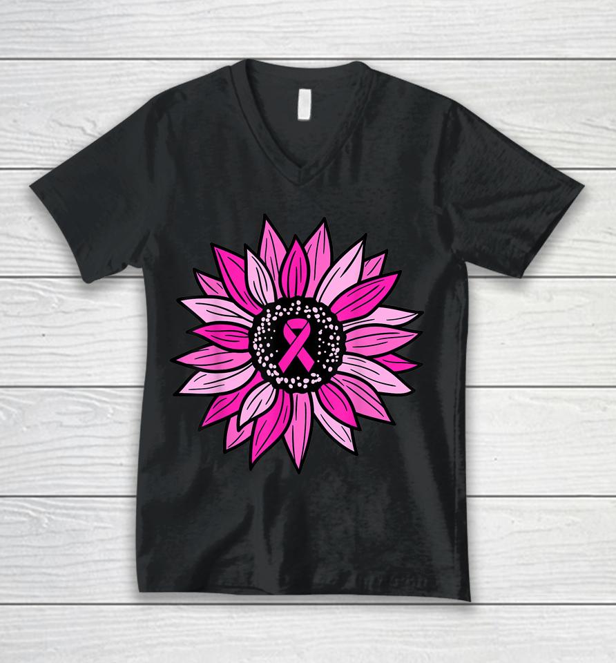 Pink Ribbon Sunflower Breast Cancer Awareness Unisex V-Neck T-Shirt