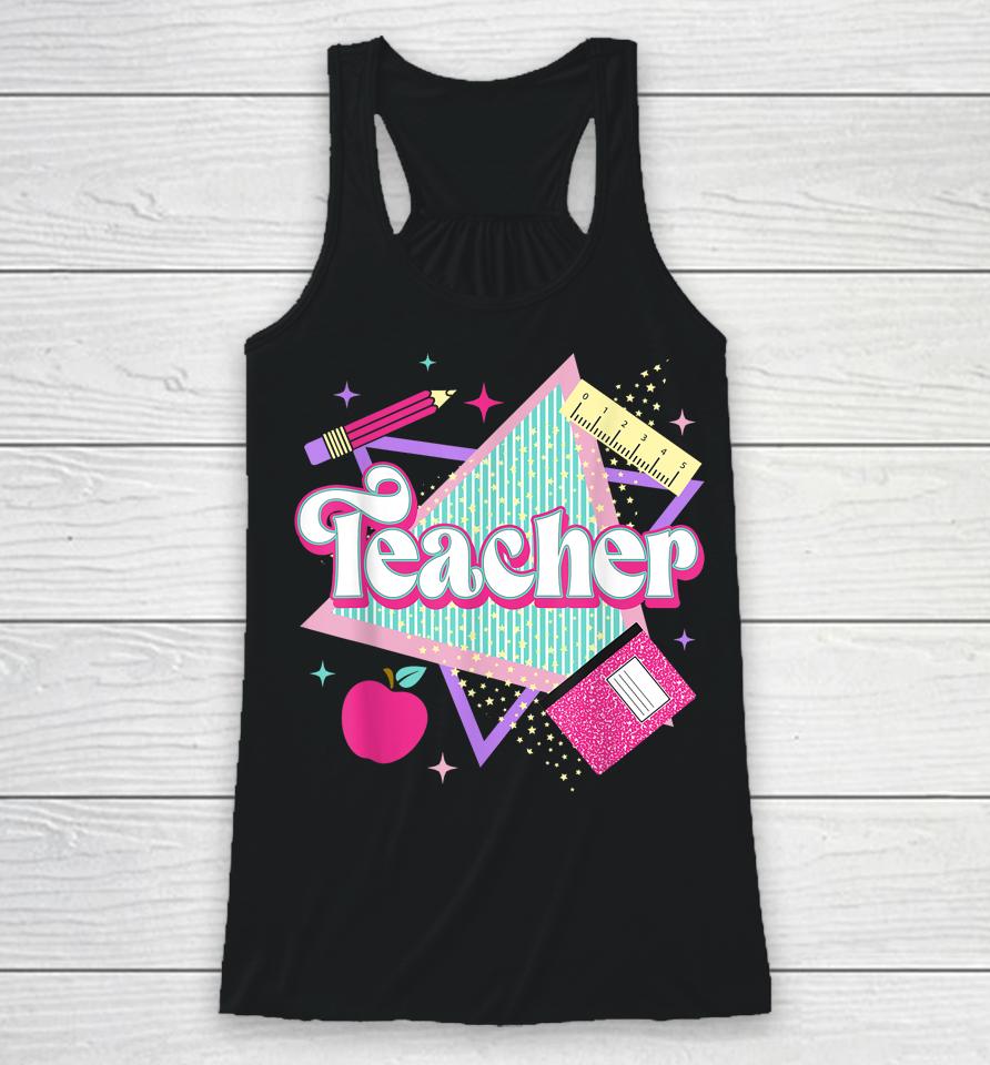 Pink Teacher 90S With Apple Ruler Pencil Book Back To School Racerback Tank