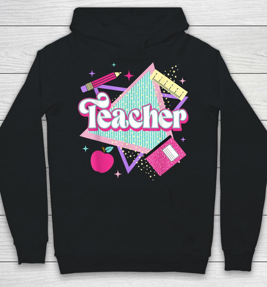 Pink Teacher 90S With Apple Ruler Pencil Book Back To School Hoodie