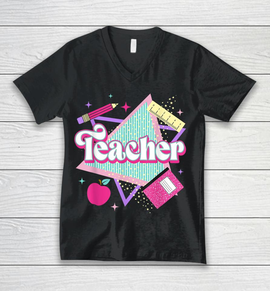 Pink Teacher 90S With Apple Ruler Pencil Book Back To School Unisex V-Neck T-Shirt