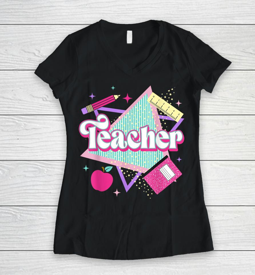Pink Teacher 90S With Apple Ruler Pencil Book Back To School Women V-Neck T-Shirt