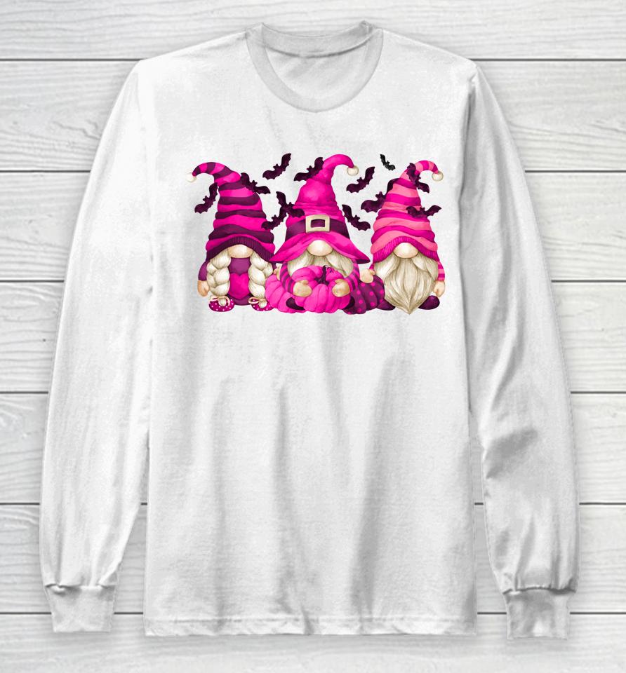 Pink Witch For Women Halloween Breast Cancer Awareness Gnome Long Sleeve T-Shirt