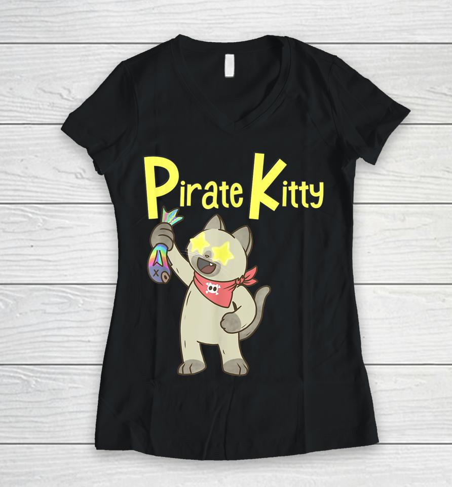 Pirate Kitty Rainbow Fish Women V-Neck T-Shirt