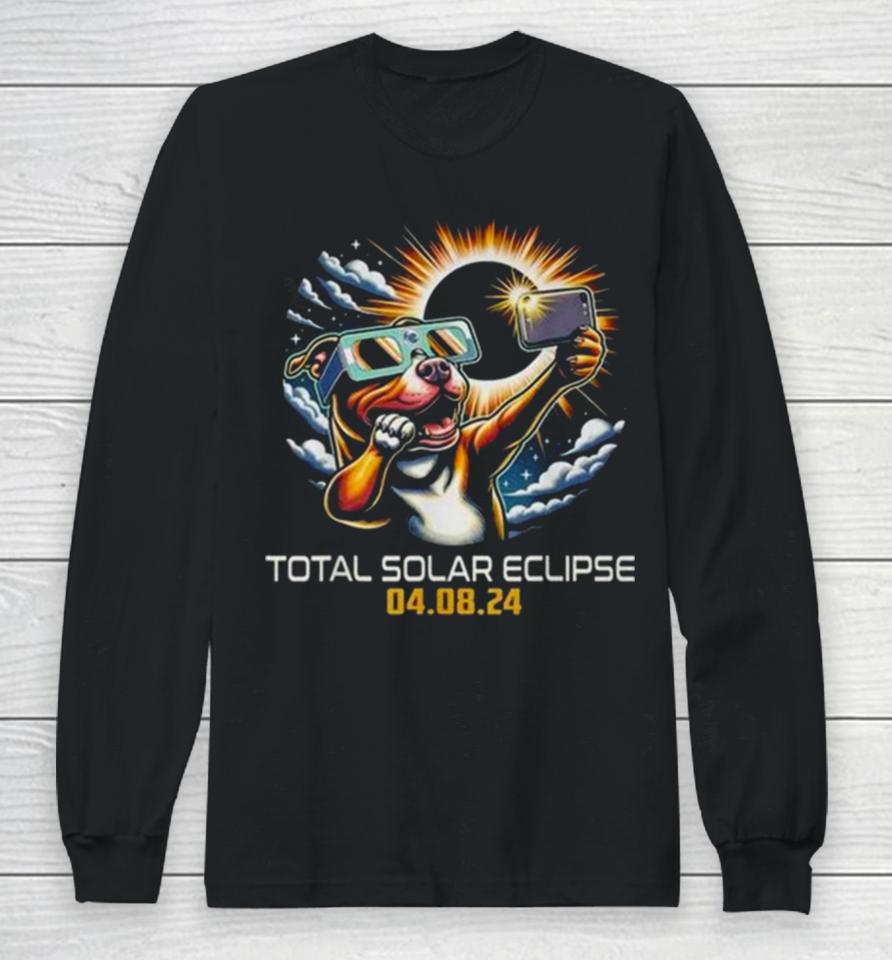 Pit Bull Dog Selfie Solar Eclipse 2024 Long Sleeve T-Shirt