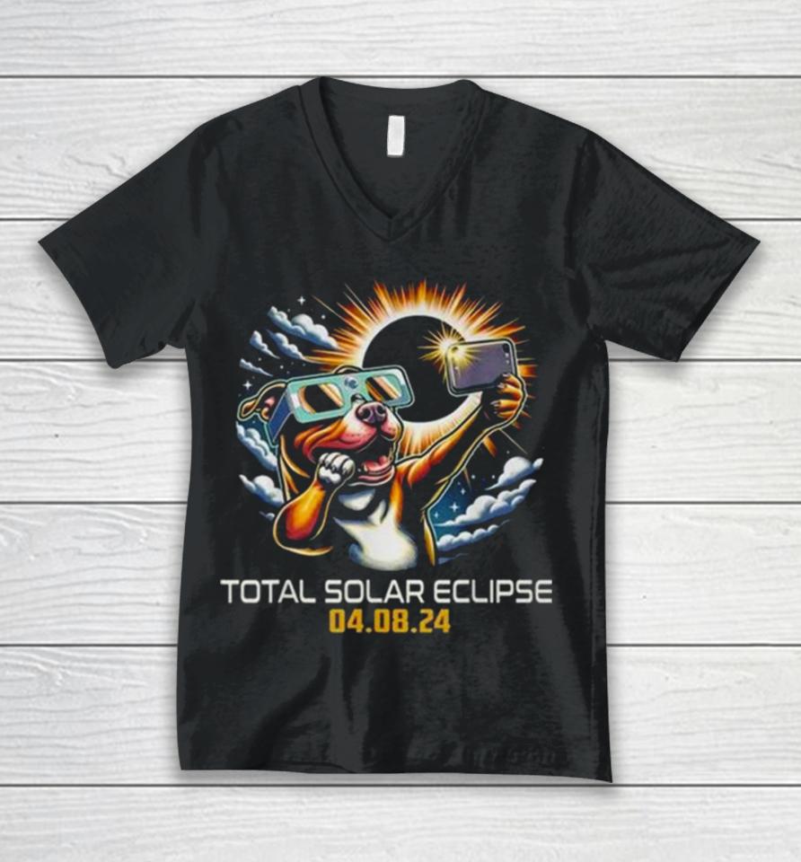 Pit Bull Dog Selfie Solar Eclipse 2024 Unisex V-Neck T-Shirt