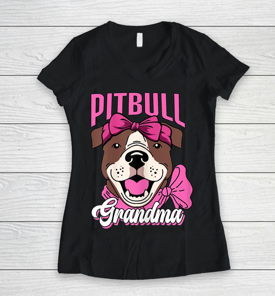 Pitbull Grandma Pittie Dog Lover Mom Mother's Day Women V-Neck T-Shirt