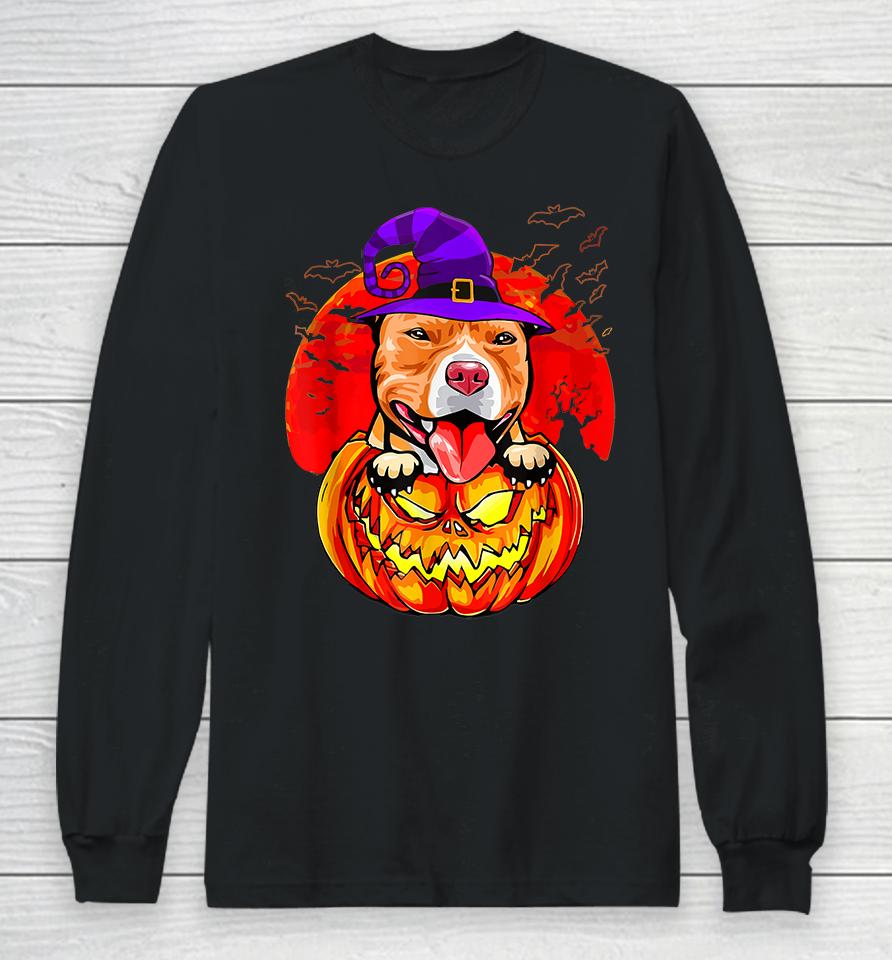 Pitbull Witch Pumpkin Halloween Long Sleeve T-Shirt