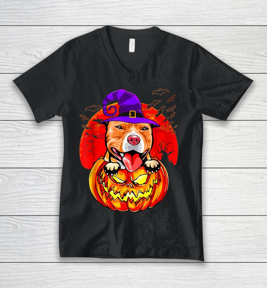 Pitbull Witch Pumpkin Halloween Unisex V-Neck T-Shirt