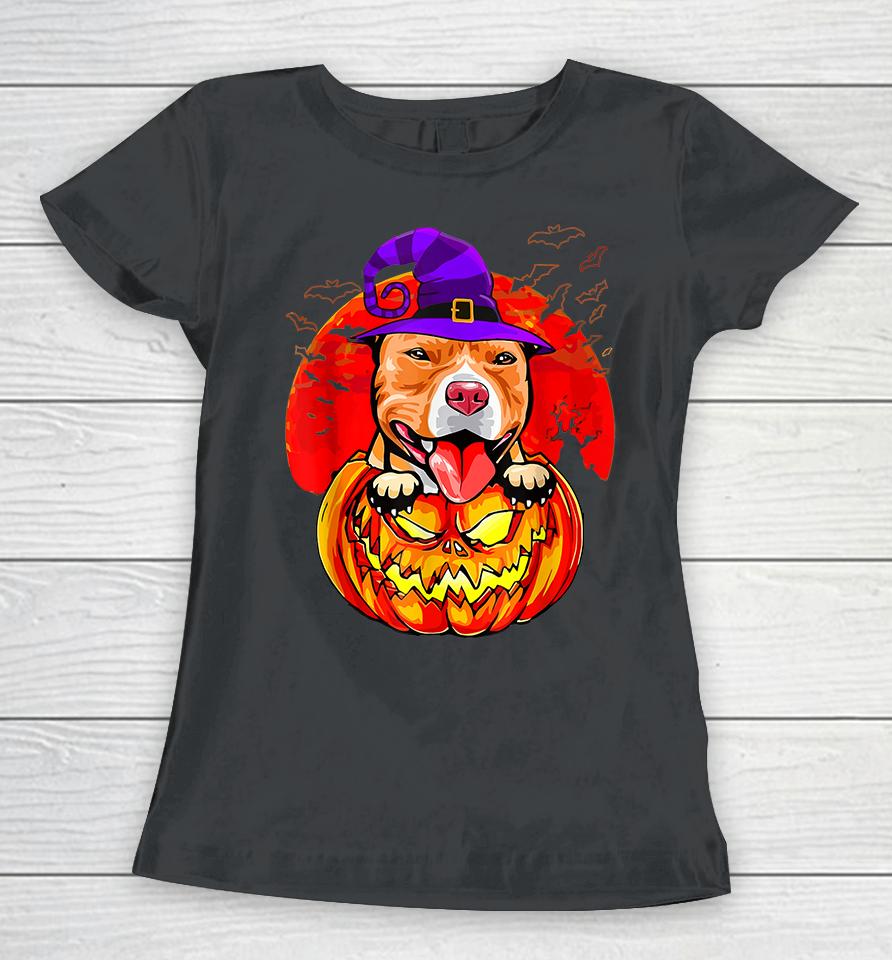 Pitbull Witch Pumpkin Halloween Women T-Shirt