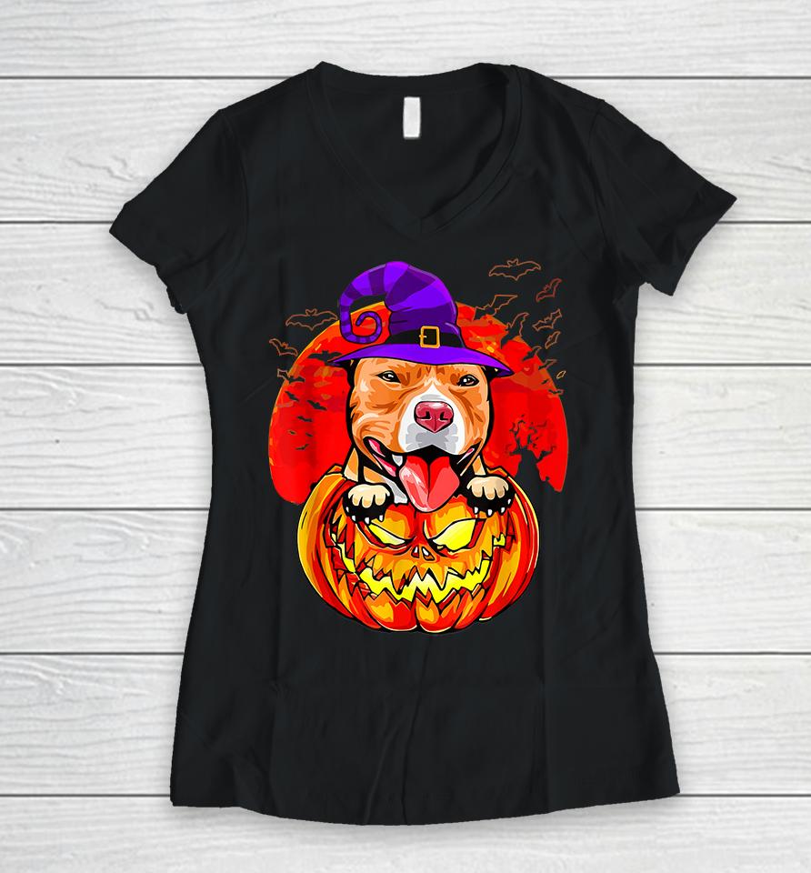 Pitbull Witch Pumpkin Halloween Women V-Neck T-Shirt