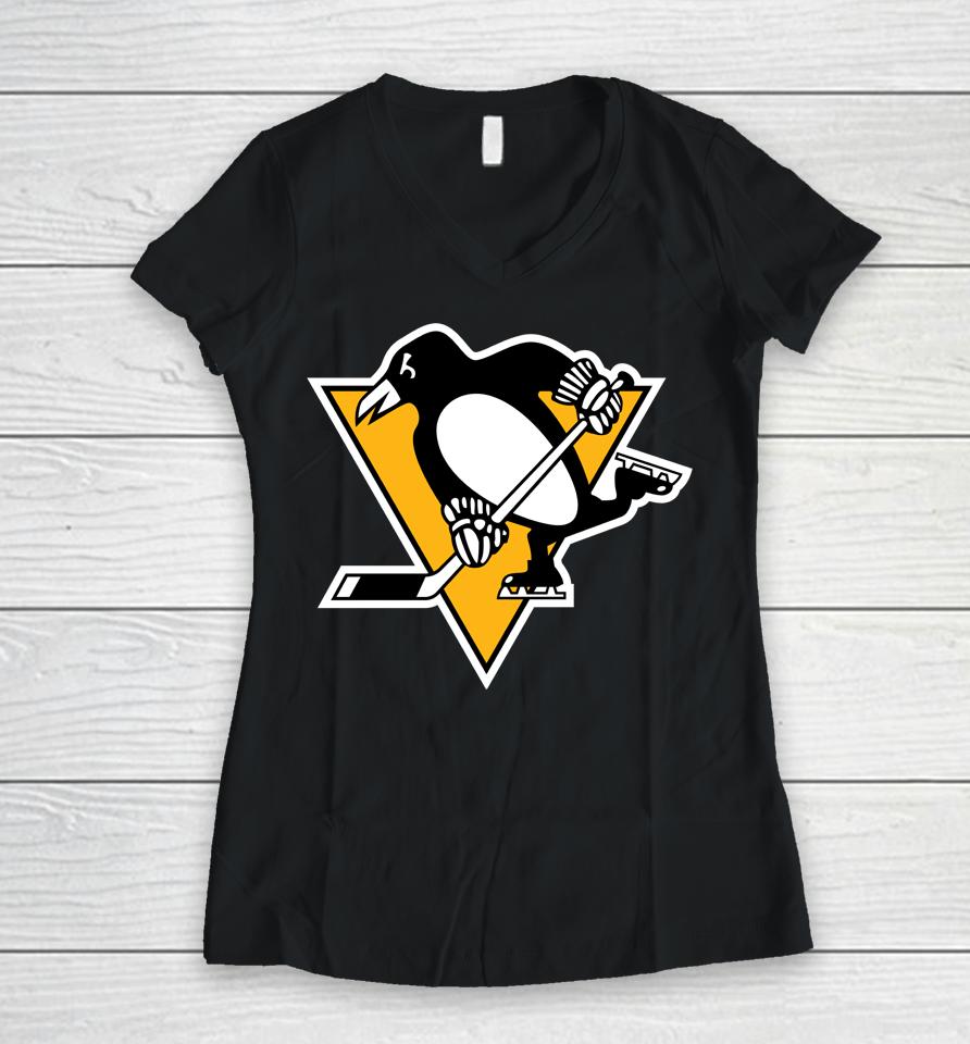 Pittsburgh Penguins Fanatics Branded Heather Gray Primary Team Logo Fleece Fitted Women V-Neck T-Shirt