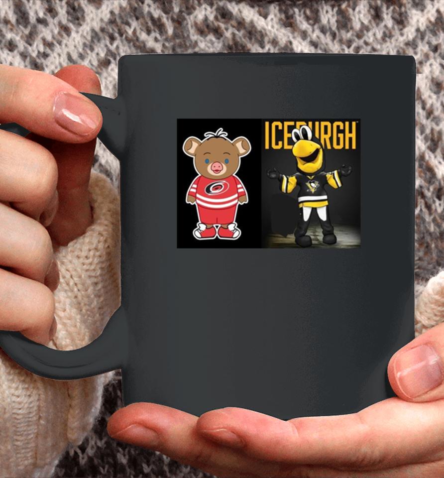 Pittsburgh Penguins Vs Carolina Hurricanes Nhl 2024 Mascot Cartoon Hockey Coffee Mug