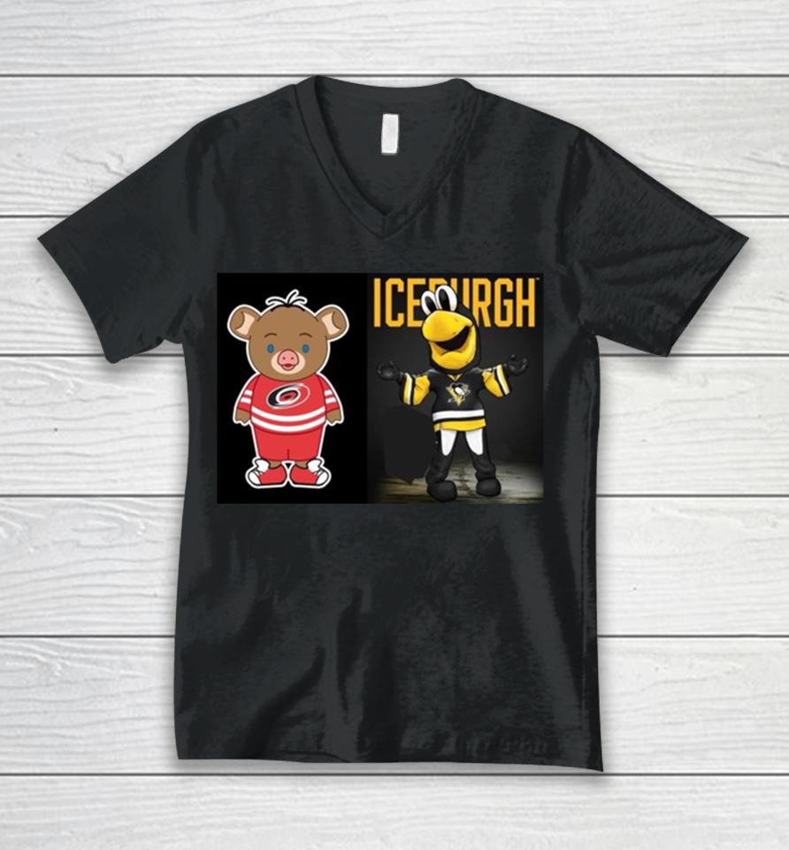 Pittsburgh Penguins Vs Carolina Hurricanes Nhl 2024 Mascot Cartoon Hockey Unisex V-Neck T-Shirt