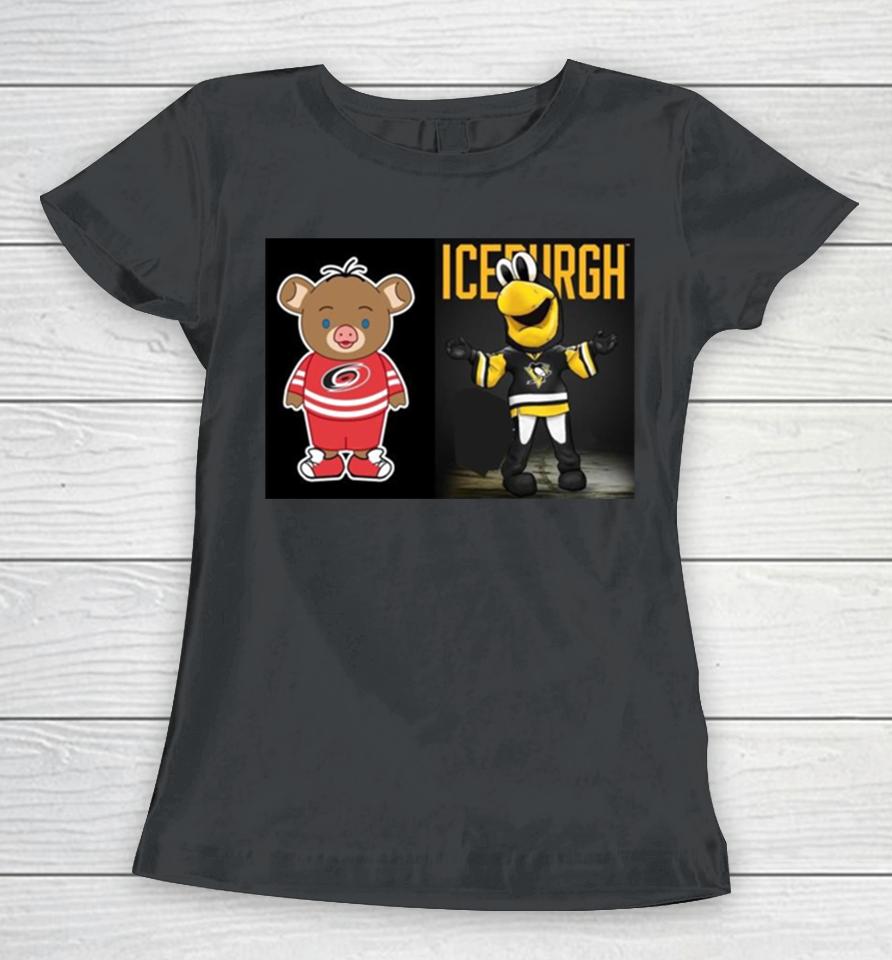 Pittsburgh Penguins Vs Carolina Hurricanes Nhl 2024 Mascot Cartoon Hockey Women T-Shirt