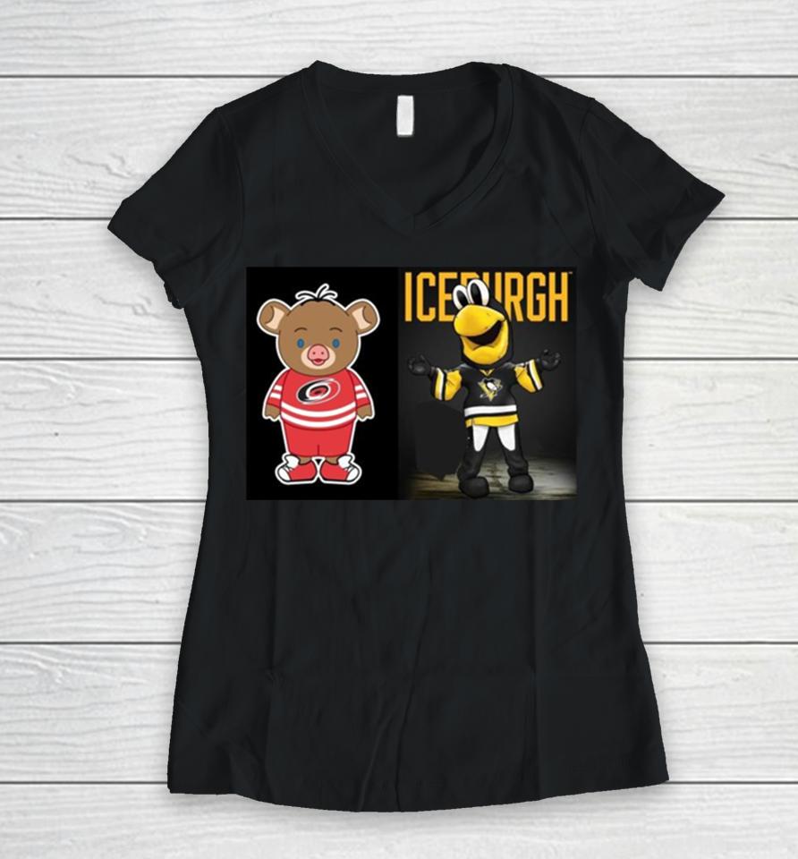 Pittsburgh Penguins Vs Carolina Hurricanes Nhl 2024 Mascot Cartoon Hockey Women V-Neck T-Shirt