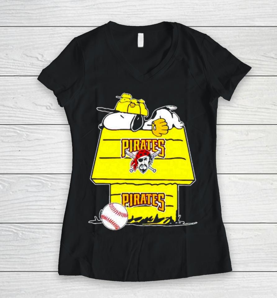 Pittsburgh Pirates Snoopy And Woodstock The Peanuts Baseball Women V-Neck T-Shirt