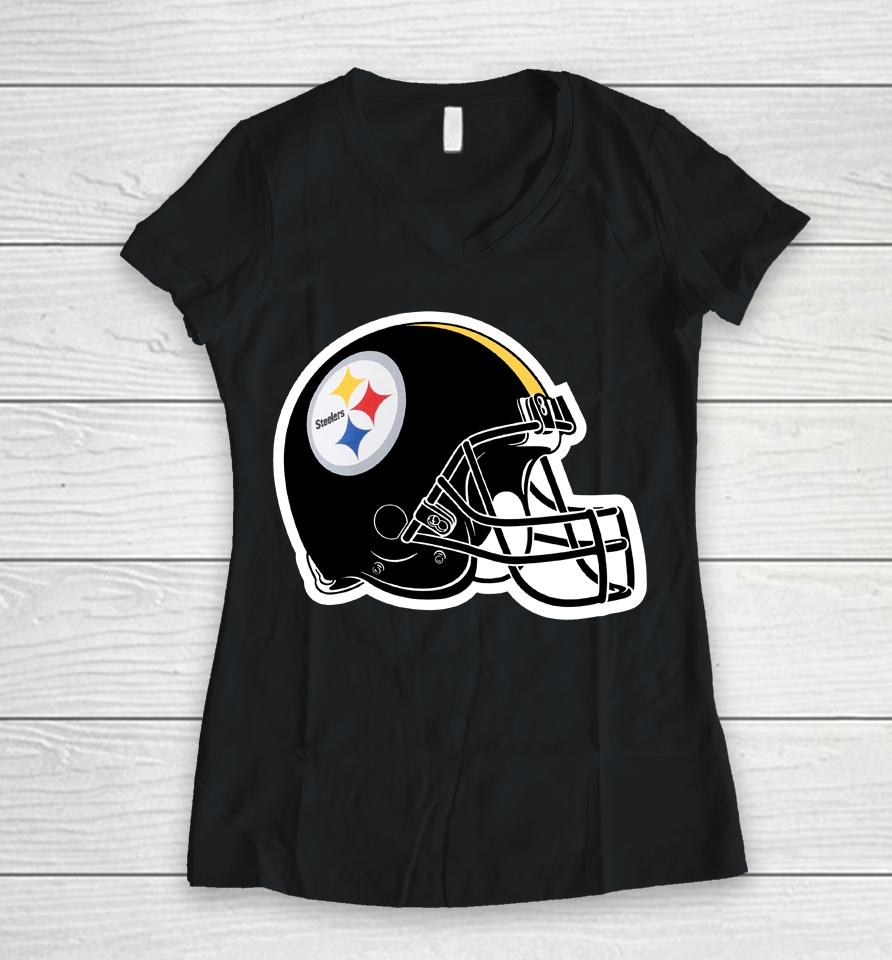 Pittsburgh Steelers Black Classic Logo Women V-Neck T-Shirt
