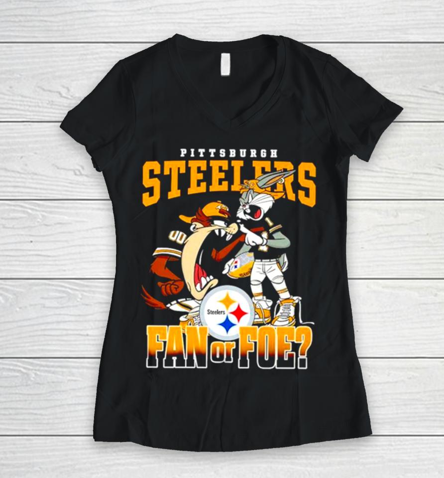 Pittsburgh Steelers Bugs Bunny And Taz Fan Or Foe Women V-Neck T-Shirt