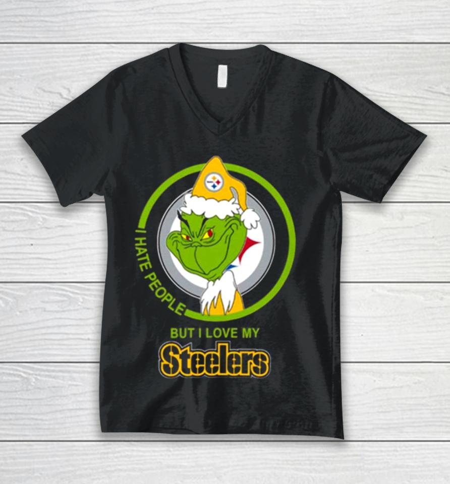 Pittsburgh Steelers Nfl Christmas Grinch I Hate People But I Love My Favorite Football Team Unisex V-Neck T-Shirt