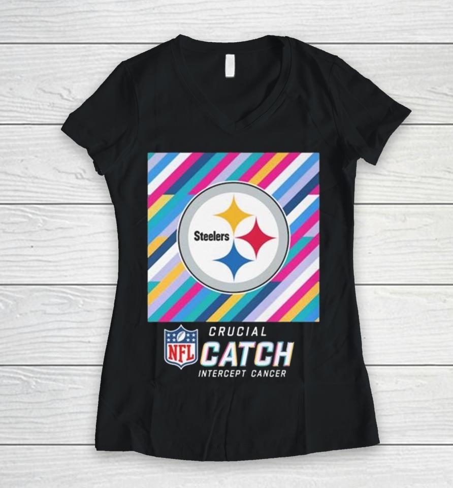 Pittsburgh Steelers Nfl Crucial Catch Intercept Cancer Women V-Neck T-Shirt