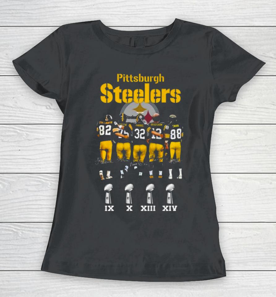 Pittsburgh Steelers Stallworth Greene Harris Bradshaw Swann Signatures 2023 Women T-Shirt