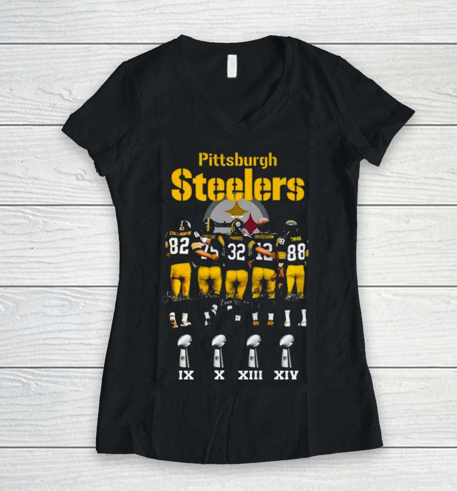 Pittsburgh Steelers Stallworth Greene Harris Bradshaw Swann Signatures 2023 Women V-Neck T-Shirt