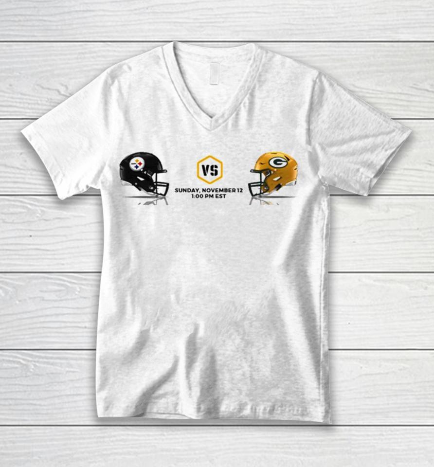 Pittsburgh Steelers Vs Green Bay Packers Nfl 2023 Weekend Helmet Matchup Unisex V-Neck T-Shirt