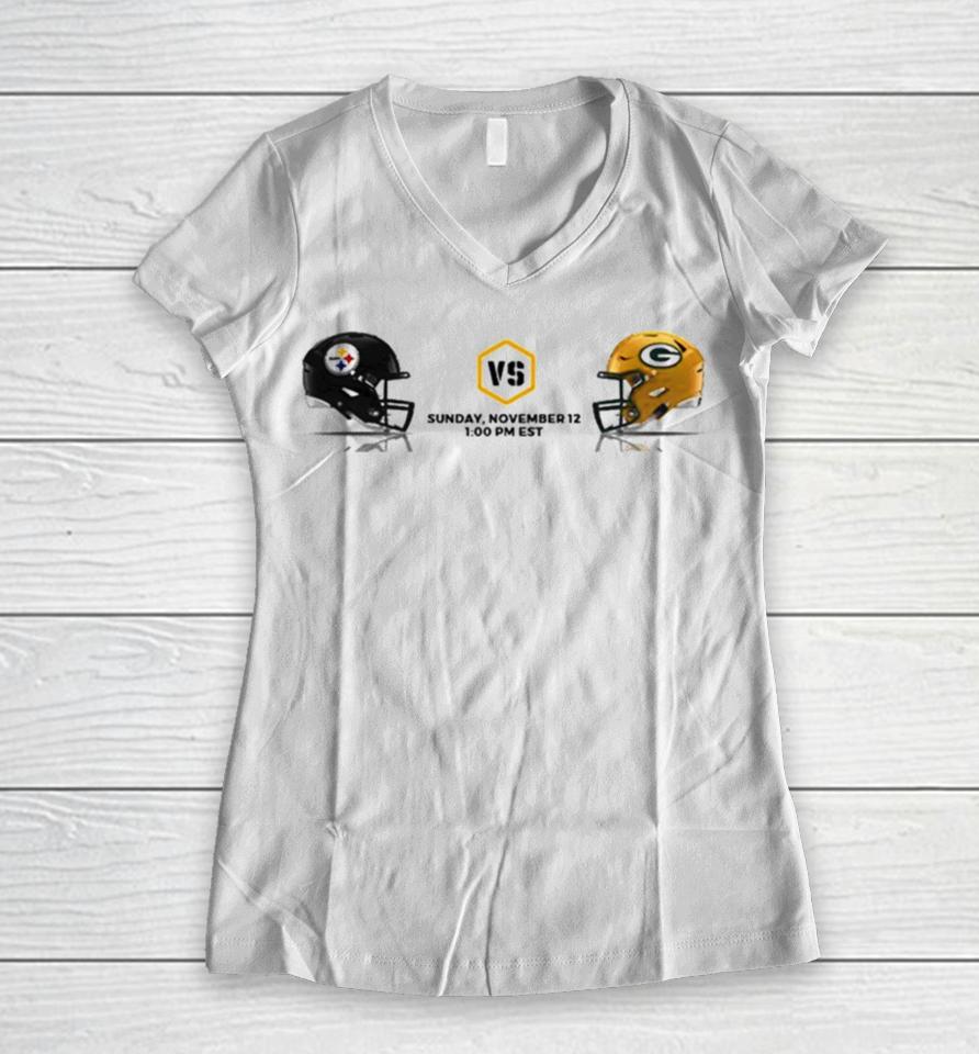 Pittsburgh Steelers Vs Green Bay Packers Nfl 2023 Weekend Helmet Matchup Women V-Neck T-Shirt