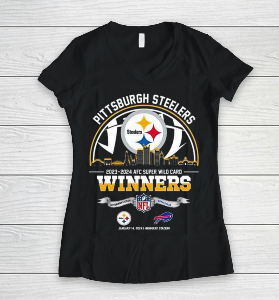 Pittsburgh Steelers Winners Season 2023 2024 Afc Super Wild Card Nfl Divisional Skyline January 14 2024 Highmark Stadium Women V-Neck T-Shirt